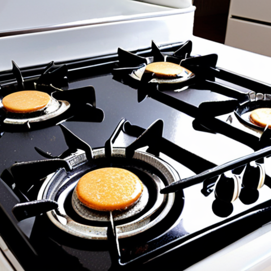 Baking soda paste cleaning greasy kitchen: Close-up of a sparkling clean gas stove after using baking soda paste, showcasing its effectiveness.