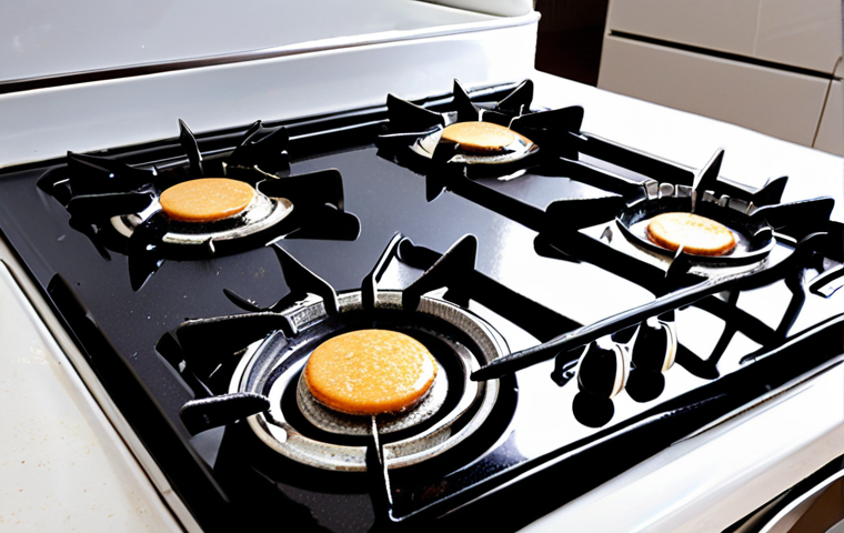 Baking soda paste cleaning greasy kitchen: Close-up of a sparkling clean gas stove after using baking soda paste, showcasing its effectiveness.